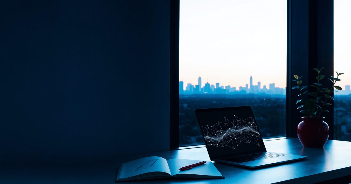 A desk by a large window at dawn with a laptop showing a glowing network pattern, an open notebook, a pen and a small plant, with a city skyline outside.