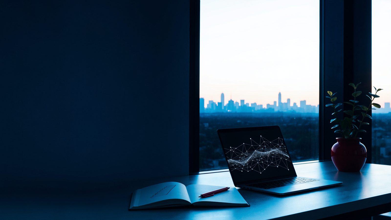 A desk by a large window at dawn with a laptop showing a glowing network pattern, an open notebook, a pen and a small plant, with a city skyline outside.